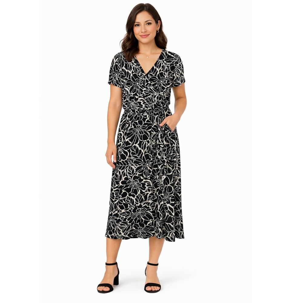 Talbots Bold Pure Silk Dress Size 8P Black Gray Wrap Front Tie Waist PETITE